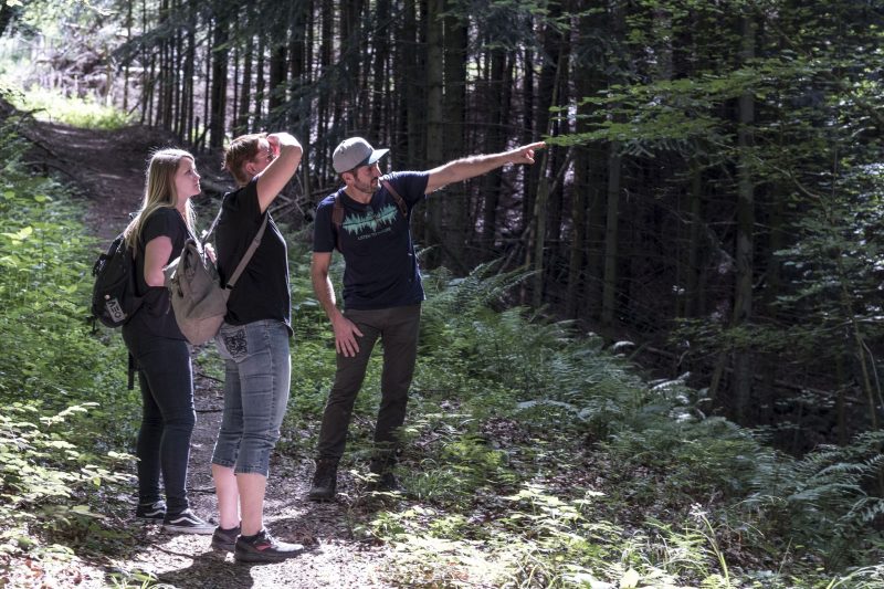 Drei Personen stehen auf einem Waldweg. Fritz Herkenrath erklärt den Wald, die Bäume und das Waldbaden.