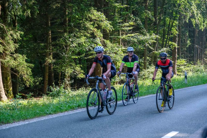 Drei fröhliche Rennradfahrer auf Tour durch einen Wald.